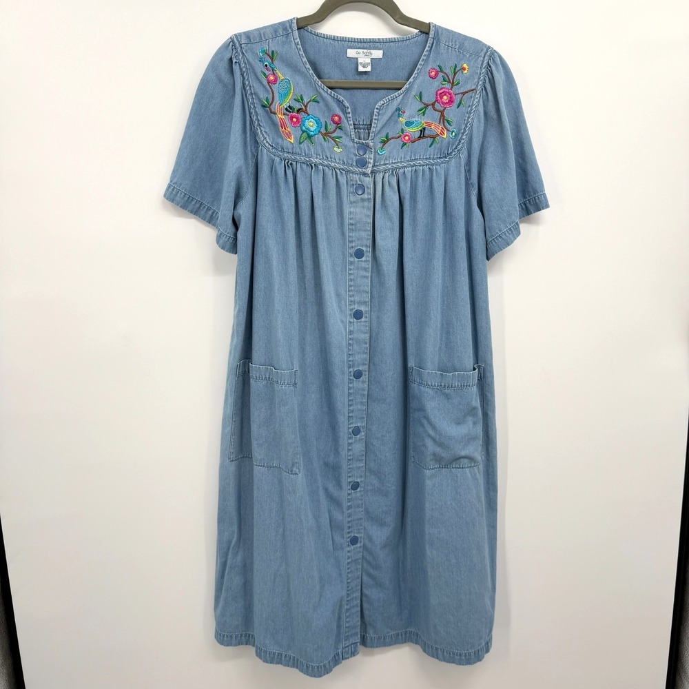 Vintage Go Softly Chambray House Dress Lounge Kaftan Size L Cottagecore Prairie